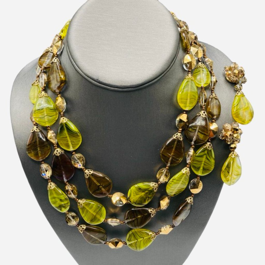Fabulous Vintage Vendome Olivine Art Glass Multi Strand Necklace Earring 295$